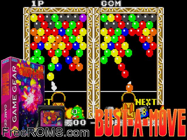 Bust-A-Move Game Gear game showing 3D box cover and gameplay screenshot